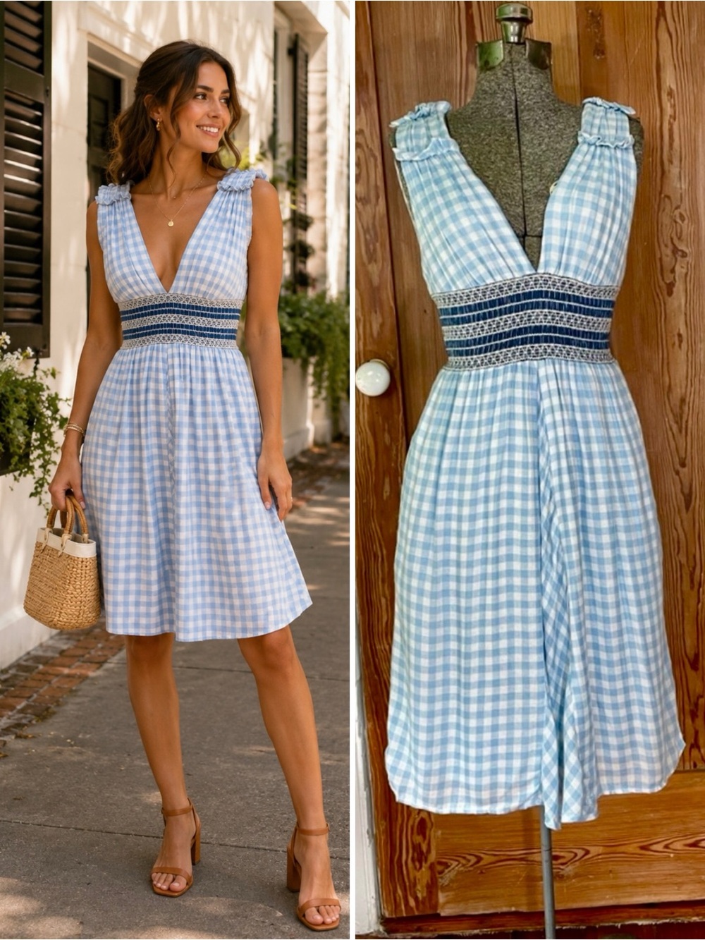 💥ALLEN SCHWARTZ Delilah Blue Gingham Smocked Waist Knee Length Dress XS💛